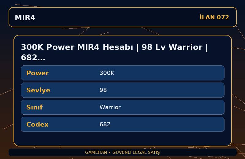 300K Power MIR4 Hesabı | 98 Lv Warrior | 682 Codex | NA 1