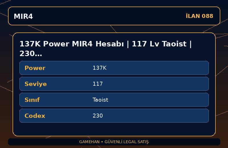 137K Power MIR4 Hesabı | 117 Lv Taoist | 230 Codex | EU 2