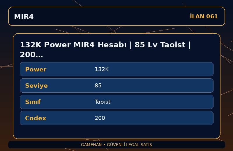 132K Power MIR4 Hesabı | 85 Lv Taoist | 200 Codex | EU 2