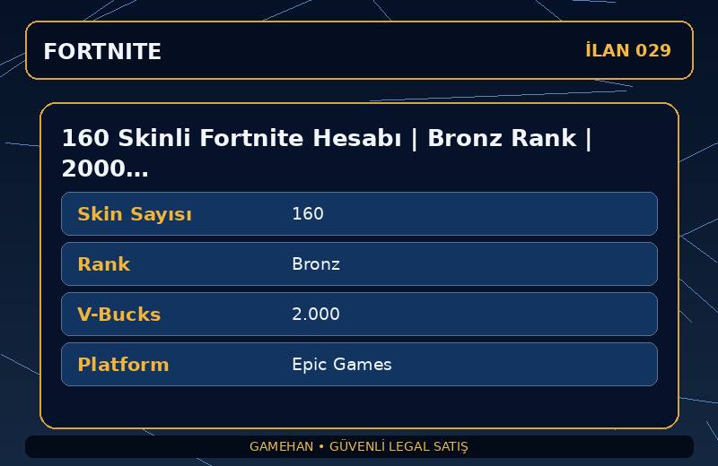 160 Skinli Fortnite Hesabı | Bronz Rank | 2000 V-Bucks | Karışık Koleksiyon