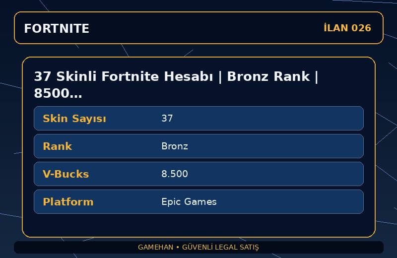 37 Skinli Fortnite Hesabı | Bronz Rank | 8500 V-Bucks | Karışık Koleksiyon