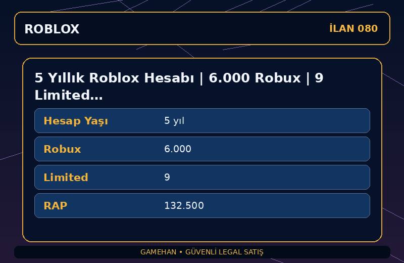 5 Yıllık Roblox Hesabı | 6.000 Robux | 9 Limited | 132.500 RAP