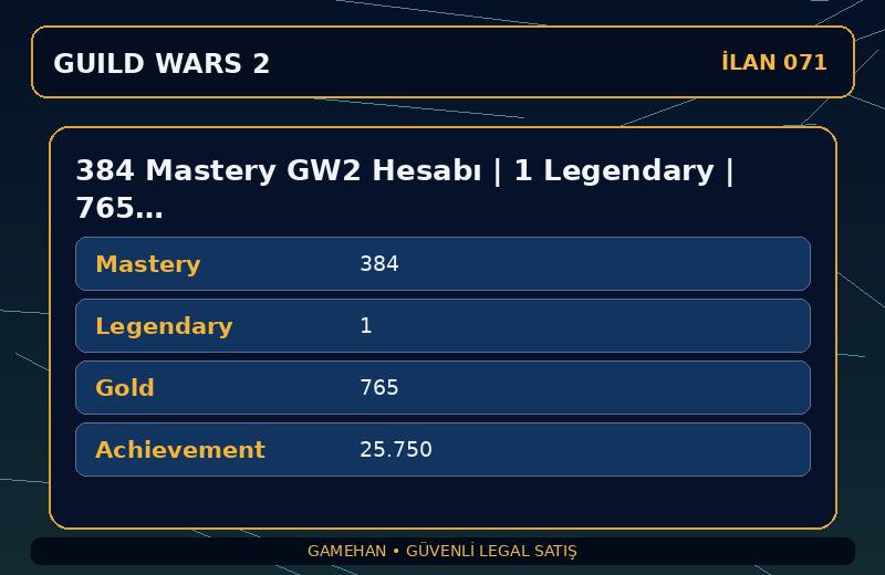 384 Mastery GW2 Hesabı | 1 Legendary | 765 Gold | EU