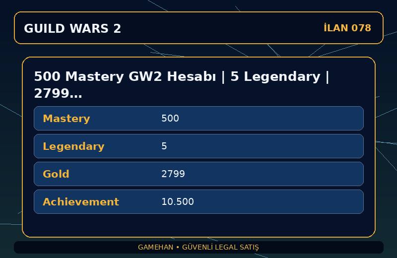 500 Mastery GW2 Hesabı | 5 Legendary | 2799 Gold | EU
