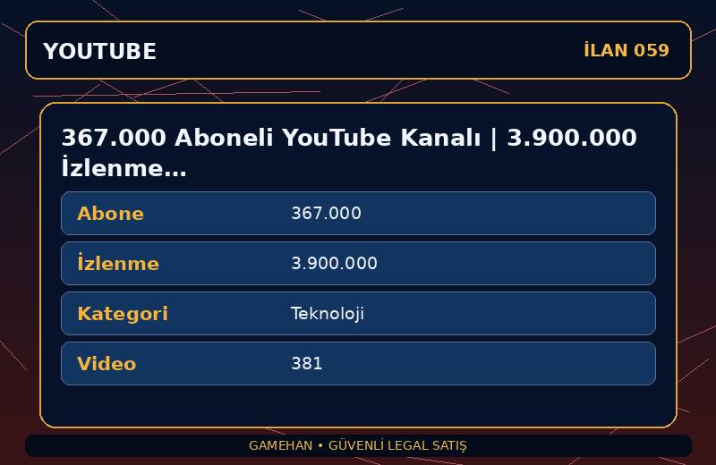 367.000 Aboneli YouTube Kanalı | 3.900.000 İzlenme | Teknoloji | Para Kazanma Kapalı