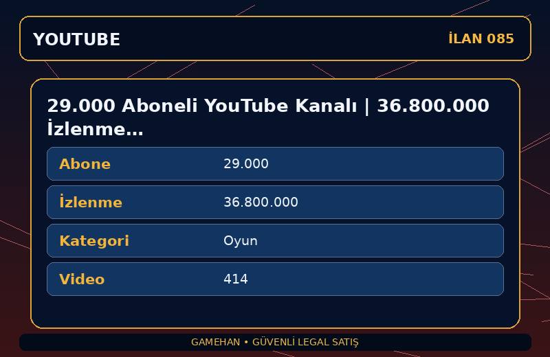 29.000 Aboneli YouTube Kanalı | 36.800.000 İzlenme | Oyun | Para Kazanma Kapalı