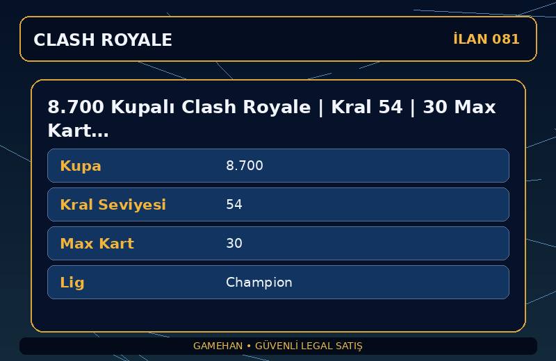 8.700 Kupalı Clash Royale | Kral 54 | 30 Max Kart | Champion