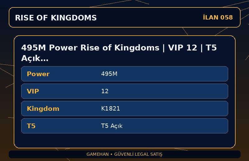 495M Power Rise of Kingdoms | VIP 12 | T5 Açık | K1821